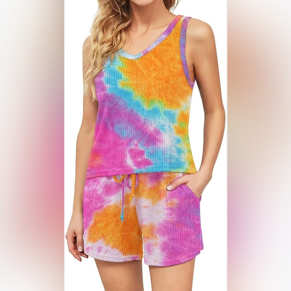 DEARCASE Women's Waffle Knit Sleeveless Top and Shorts Tie Dye Pajama Set NWT